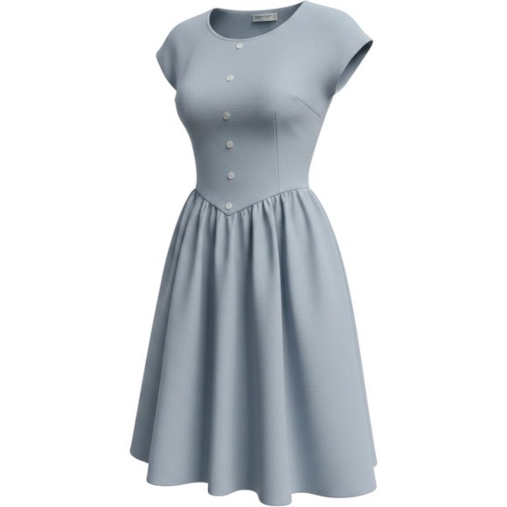 Chorus Blues Vintage Light Blue Button Front Fit and Flare Midi Dress Cap Sleeve